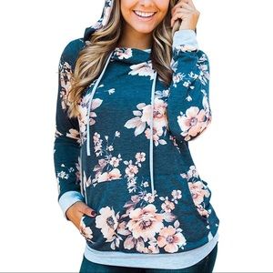 Floral Drawstring Double Hoodie Sweatshirt wPocket